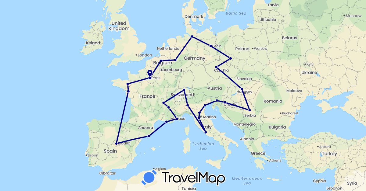 TravelMap itinerary: driving in Belgium, Switzerland, Czech Republic, Germany, Spain, France, Croatia, Hungary, Italy, Poland, Serbia, Slovenia (Europe)